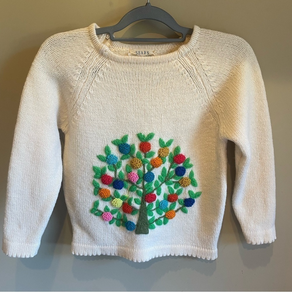 Sears Vintage 60s 70s Wool Sweater with Embroidery, zip neck,
